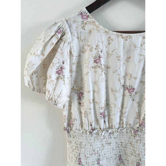 LoveShackFancy NWT Radia Smocked Cotton Cream Pink Floral Mini Dress size Large - Picture 12 of 16